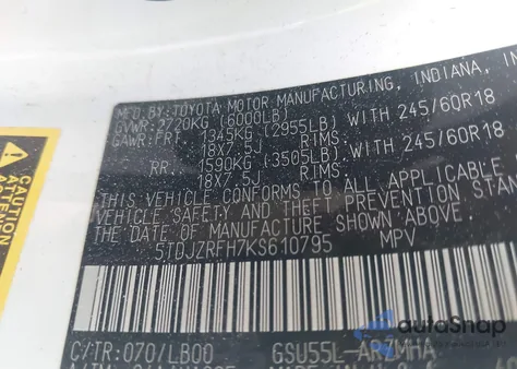 2019 Toyota Highlander Xle z USA, uszkodzony, nr VIN 5TDJZRFH7KS610795